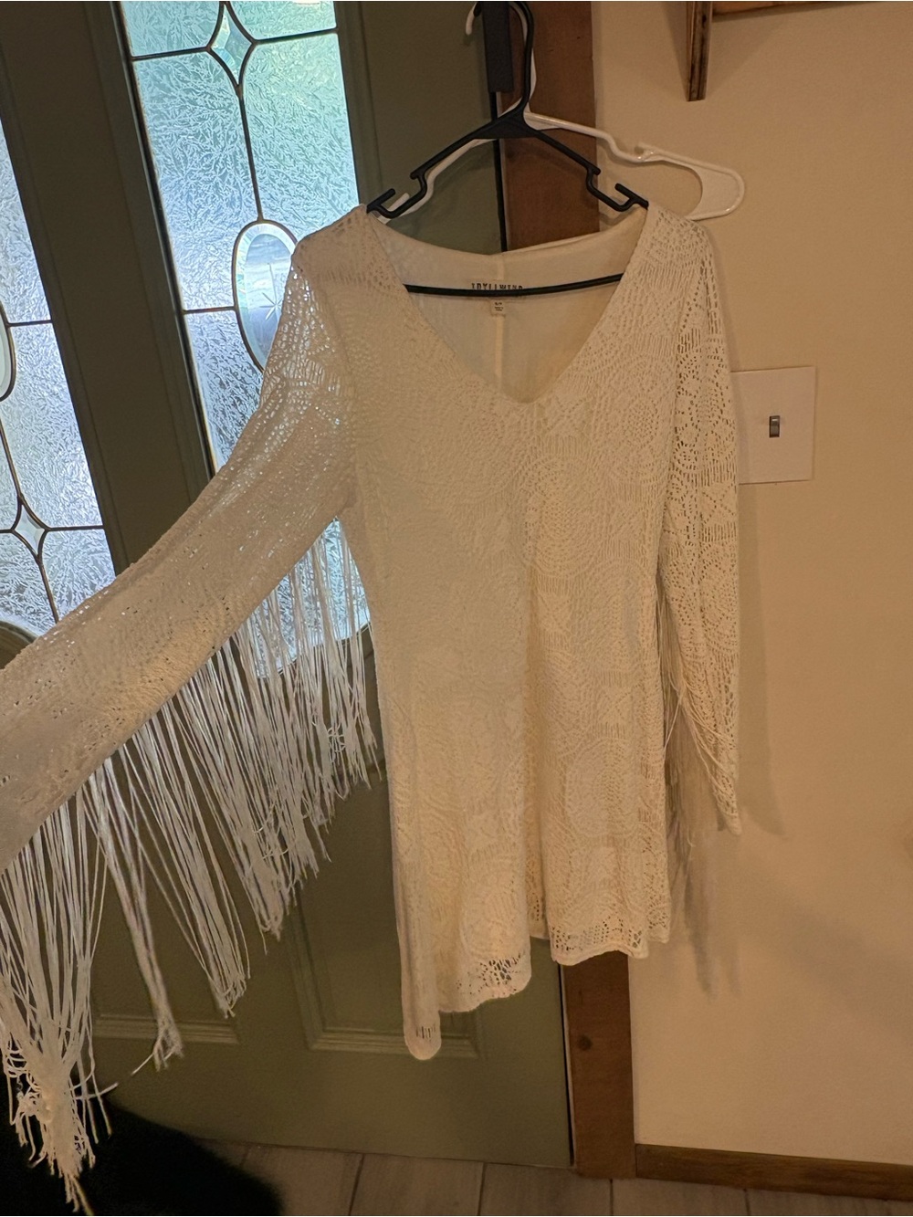 Idyllwind Cream Crochet Fringe Long-Sleeve Mini Dress